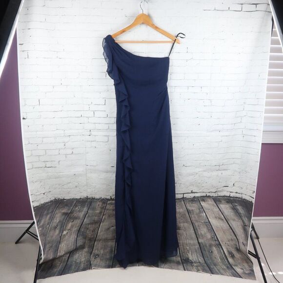 VINEYARD COLLECTION BLUE ONE SHOULDER FULL LENGTH RUFFLE DETAIL MAXI DRESS GOWN - Picture 1 of 8